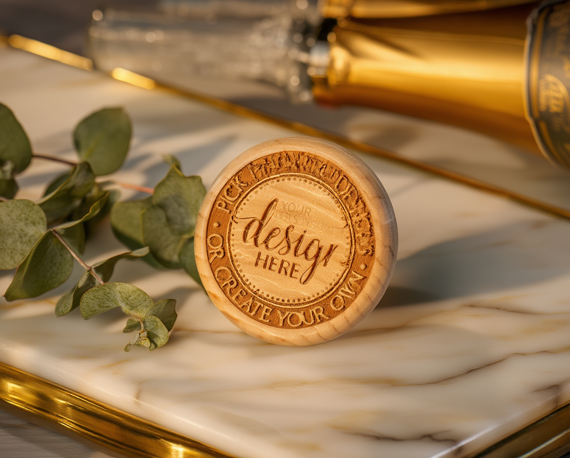 Wooden wine cork with 'Design Here' text on a marble surface with eucalyptus leaves and champagne bottle.