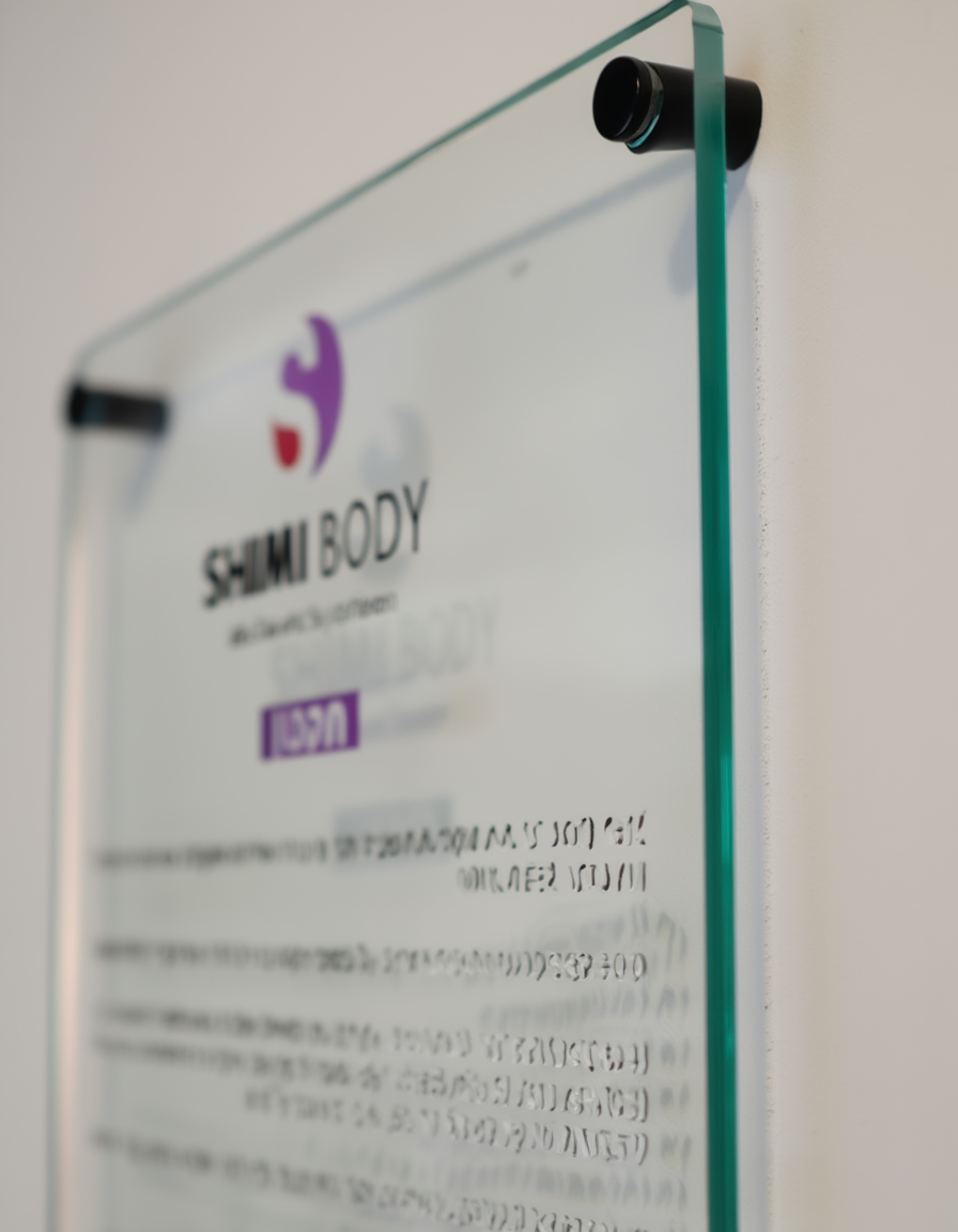 Glass panel with Shimizu Body logo and text on a white background