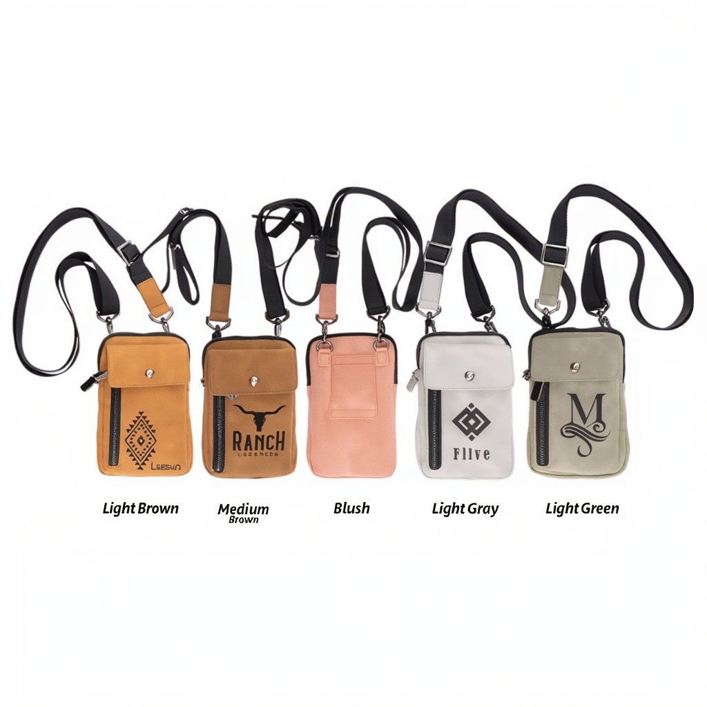 Five pouches with straps in different colors and designs on a white background