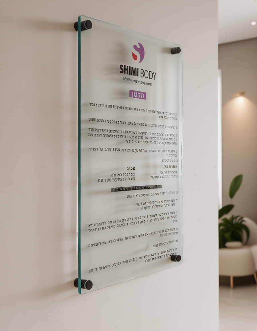 Glass door with 'Shimi Body' logo and text on a wall.