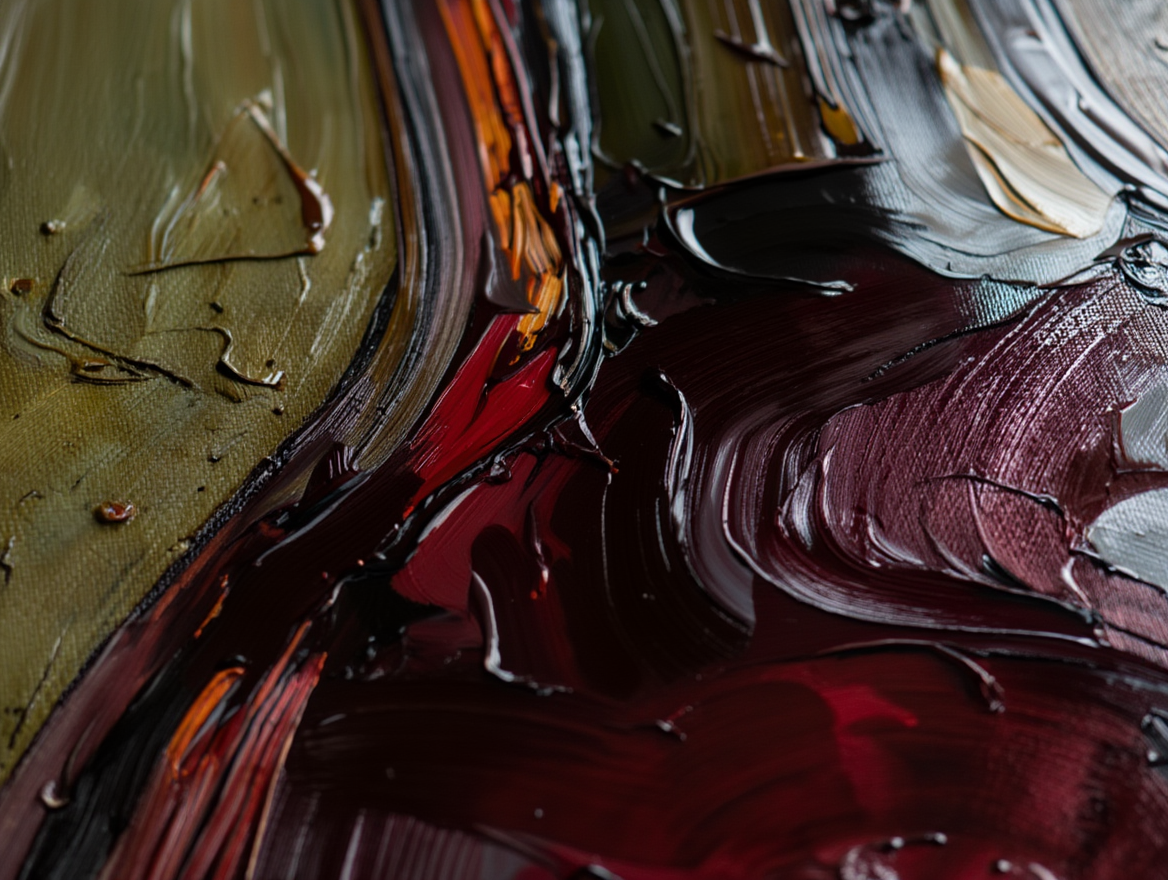 Close-up of abstract art with swirling brushstrokes in brown, red, and black.