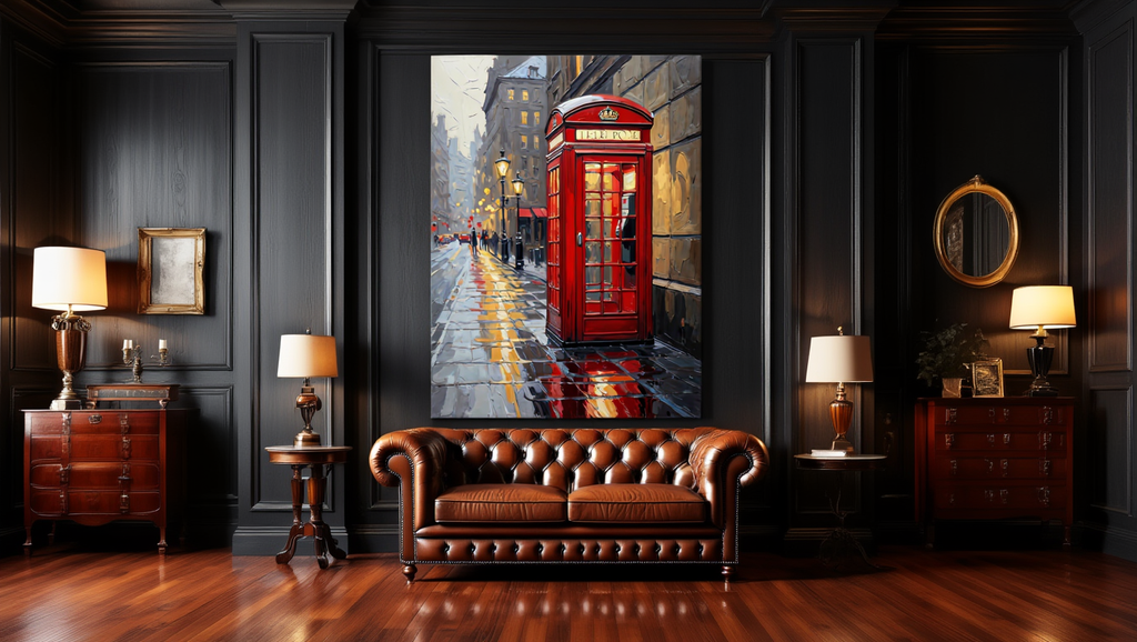 Living room with a brown leather sofa, wooden side tables, and a large painting of a red telephone box.