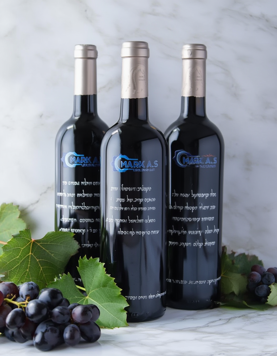 Three bottles of Marcas wine with grapes on a marble surface