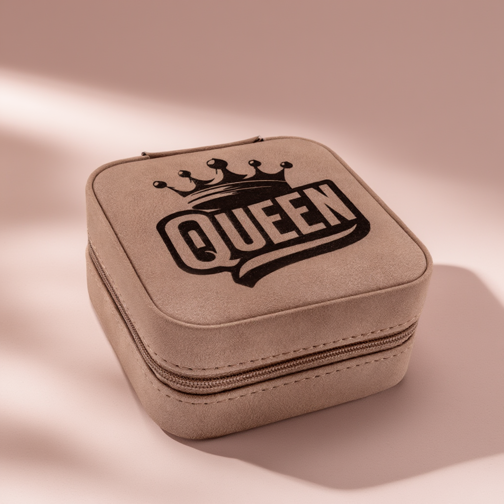 Beige jewelry box with 'QUEEN' and a crown design on a beige background