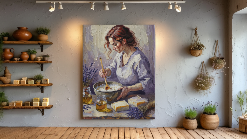 Room interior with a painting of a woman cooking on the wall, wooden shelves with plants, and decorative items.