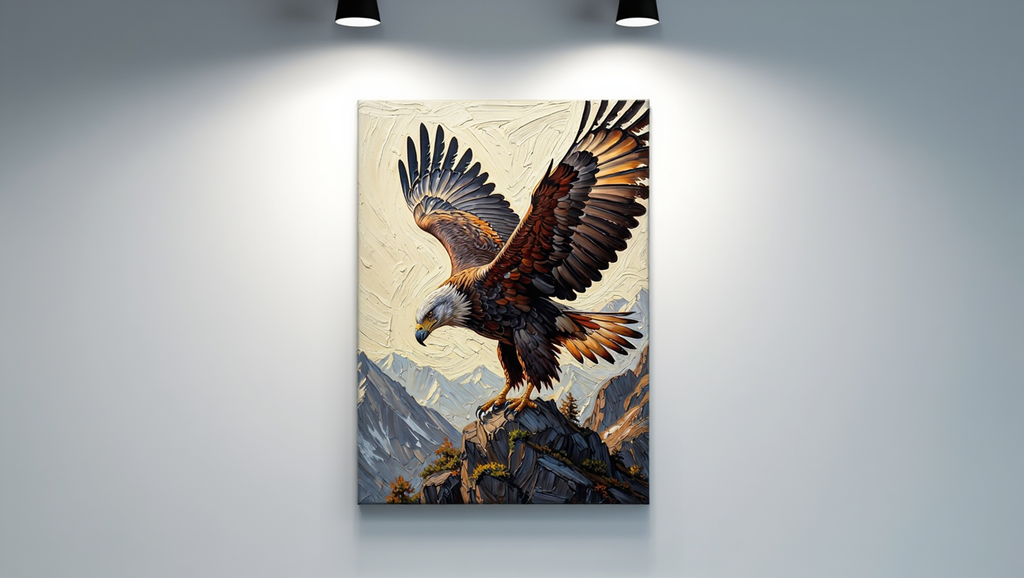 Canvas print of an eagle on a rock with mountains in the background, illuminated by spotlights.