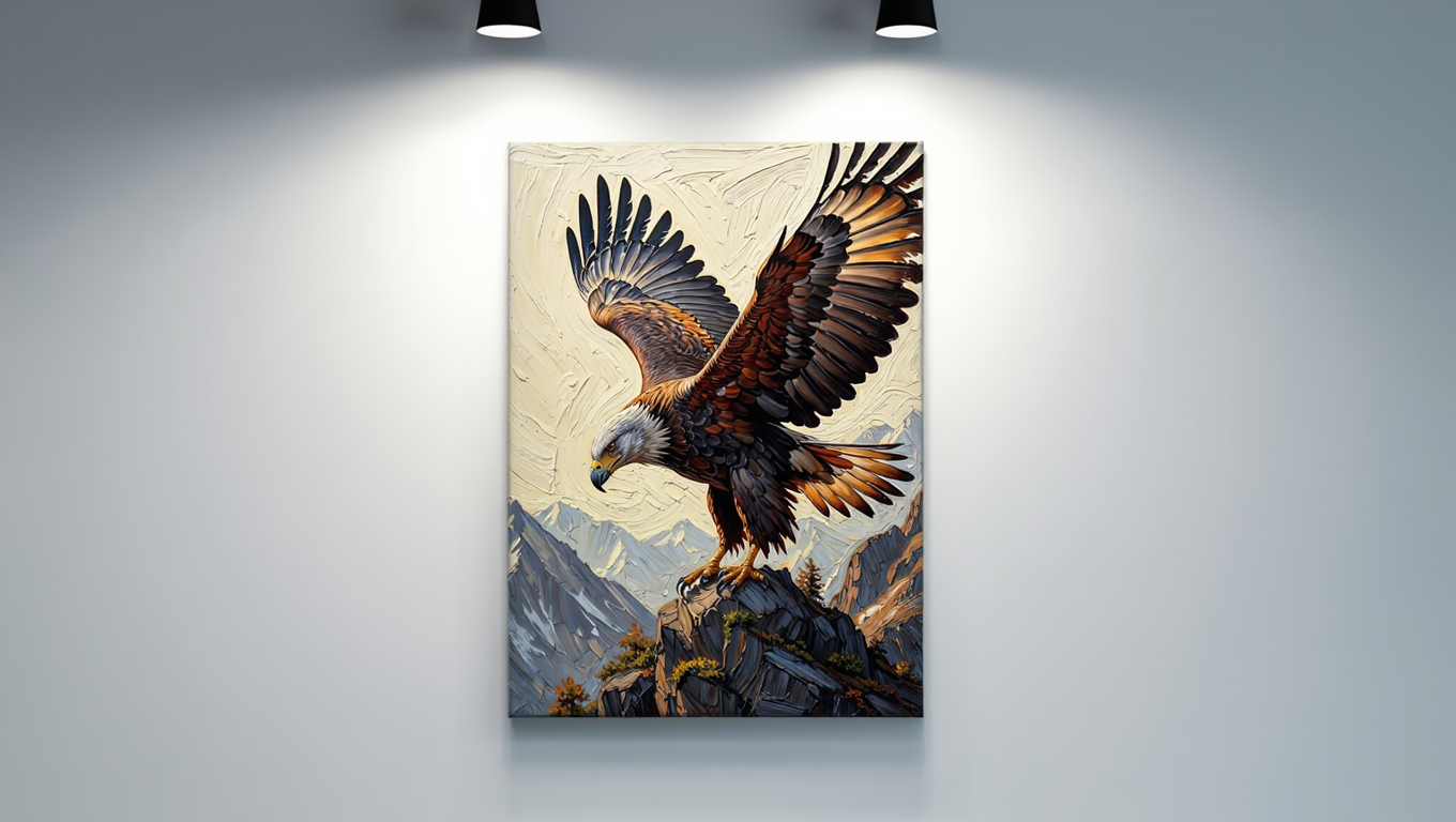 Canvas print of an eagle on a rock with mountains in the background, illuminated by spotlights.