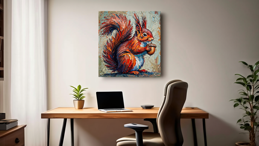 Squirrel painting on a wall above a desk with a laptop and chair.