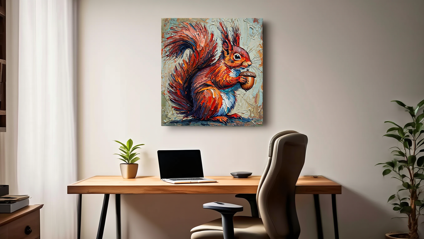 Squirrel painting on a wall above a desk with a laptop and chair.