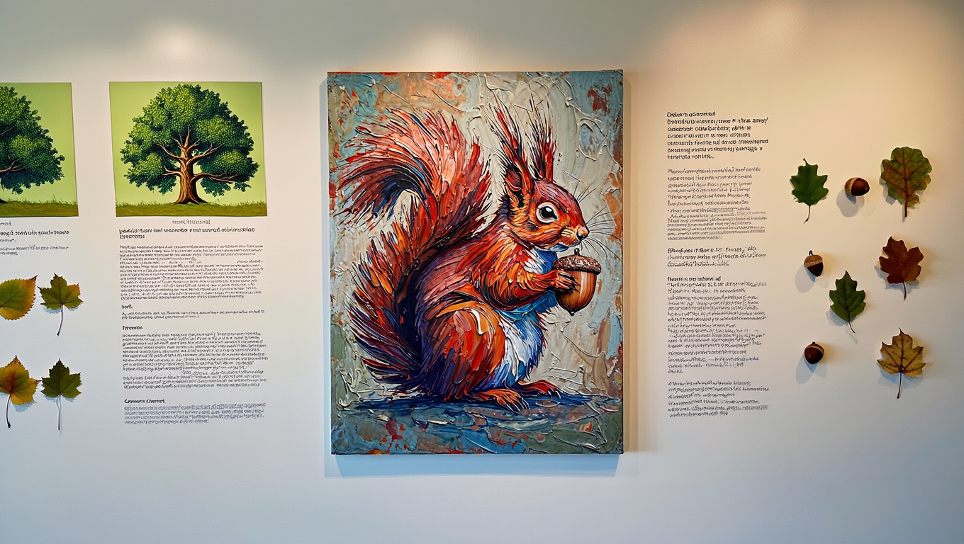 Artistic depiction of a squirrel with text and leaf decorations on a wall.