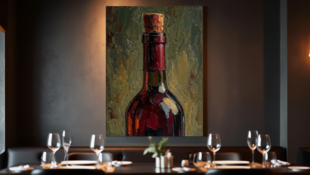 Dining room with a large painting of a wine bottle on the wall.