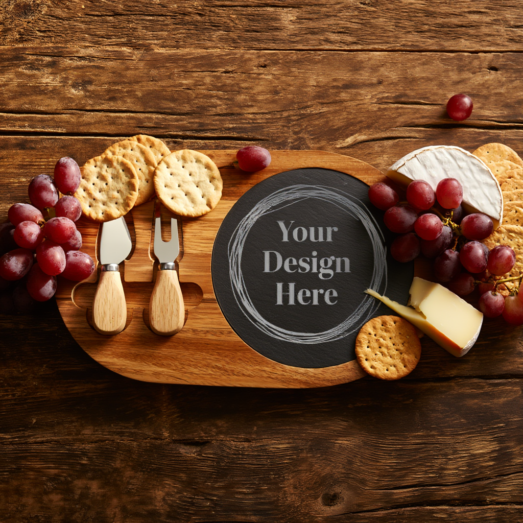 Wooden cheeseboard with crackers, grapes, and cheese on a wooden background