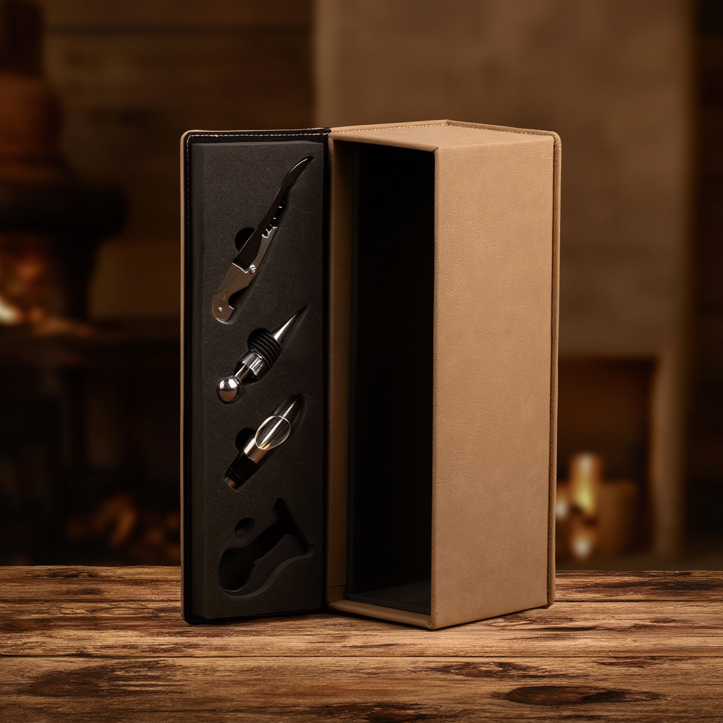 Set of wine tools in a leather case on a wooden surface with a blurred background