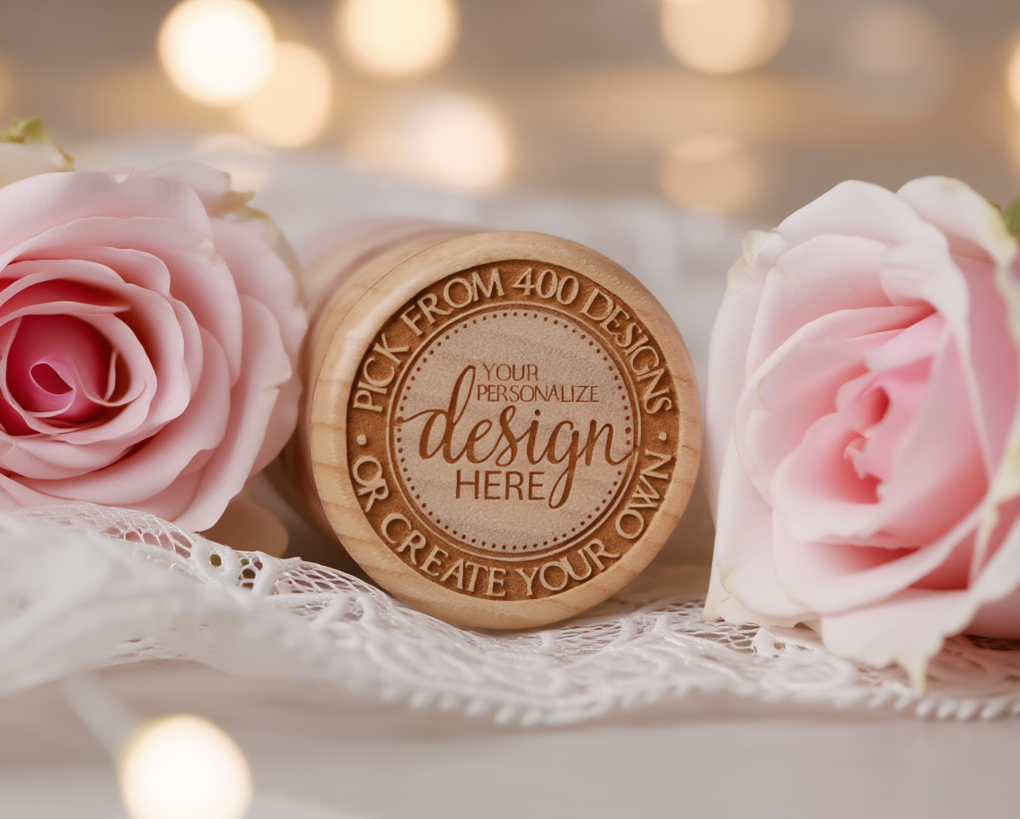 Wooden stamp with customizable text surrounded by pink roses on a soft focus background