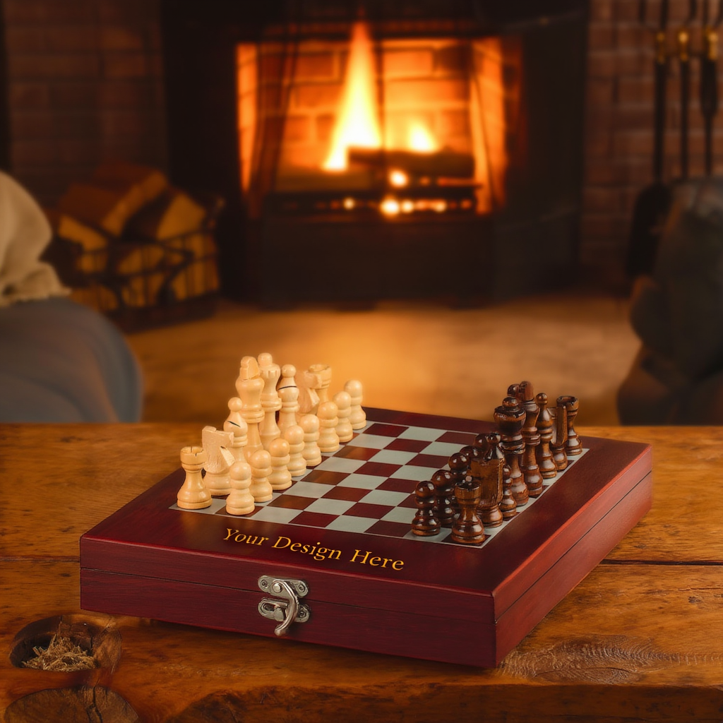 Wooden chess set with pieces on a wooden table in front of a fireplace.