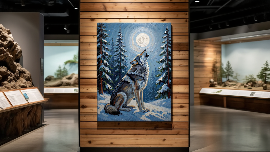 Tapestry of a wolf in a snowy forest scene hanging on a wooden wall in a museum setting.