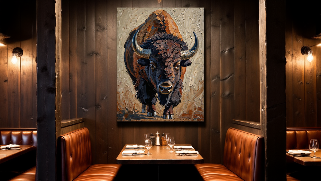 Dining area with a large painting of a bison on the wall, wooden paneling, and leather booths.