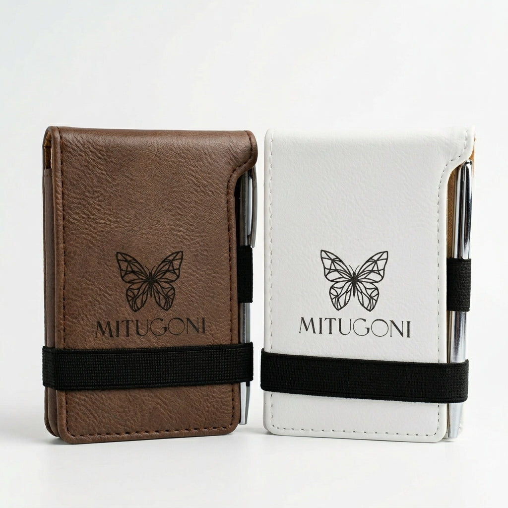 Brown and white card holders with butterfly logo and 'MITUGONI' text on a light gray background