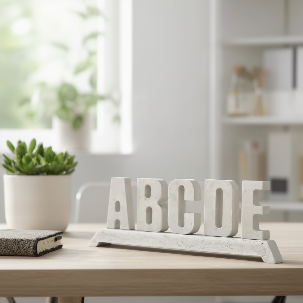 Decorative letters 'ABCDE' on a table with a blurred indoor background