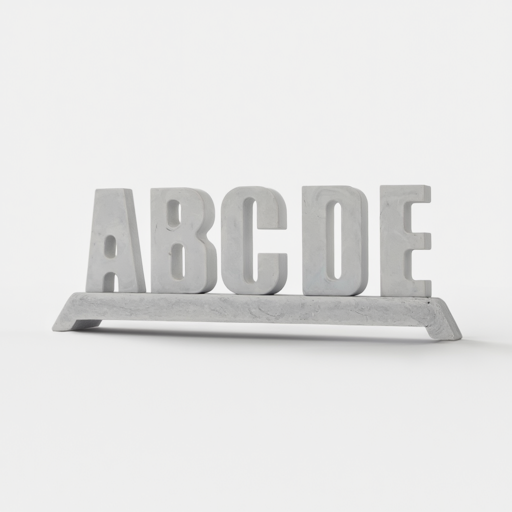 Concrete letters 'ABCDE' on a white stand against a white background