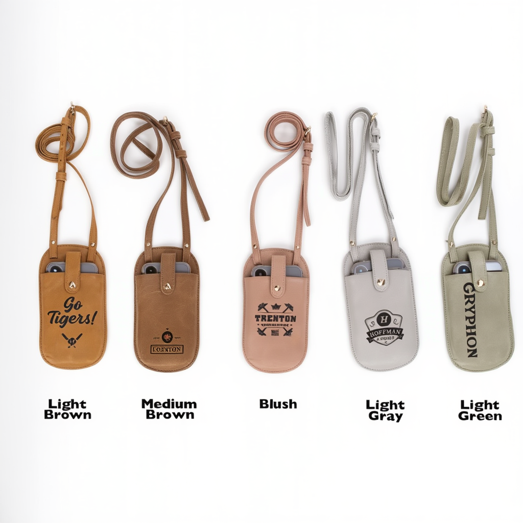 Five leather pouches in different colors with visible branding on a white background