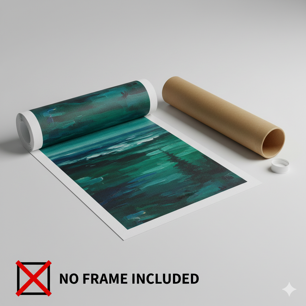Rolled-up abstract artwork with a cardboard tube on a gray background, indicating no frame is included.