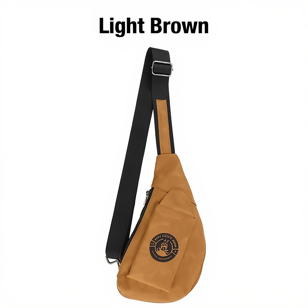 Light brown sling bag with black strap on a white background