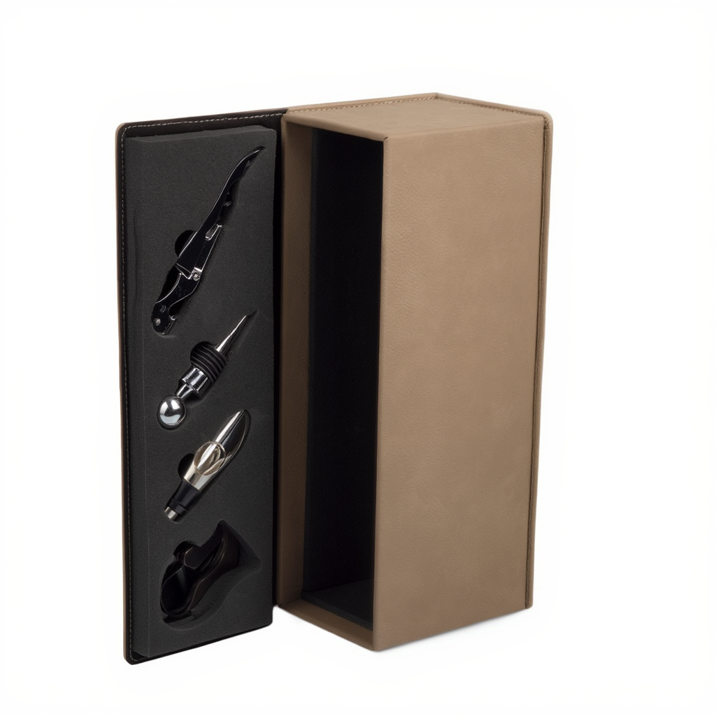 Set of wine bottle accessories in a brown box on a white background
