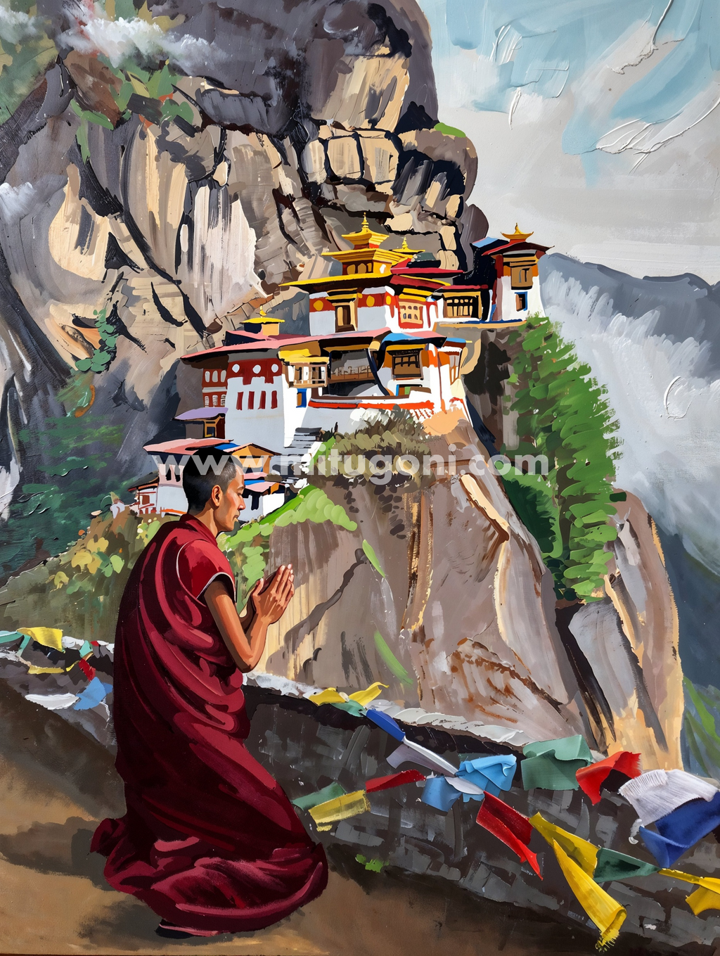 Premium Giclée Art Print (Paper or Canvas) - Bhutanese Monk at Tiger's Nest Monastery