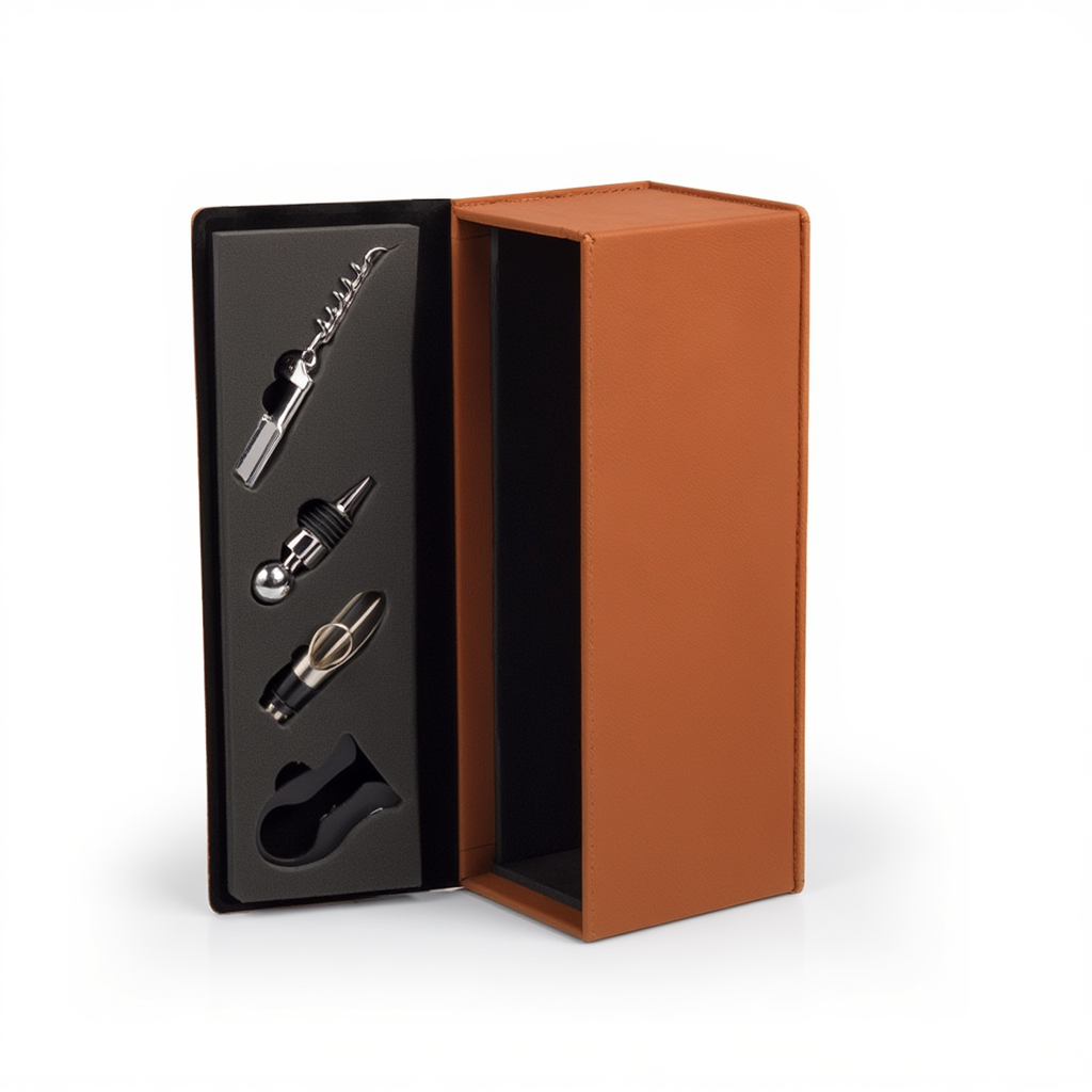 Set of wine bottle openers in a brown box on a white background