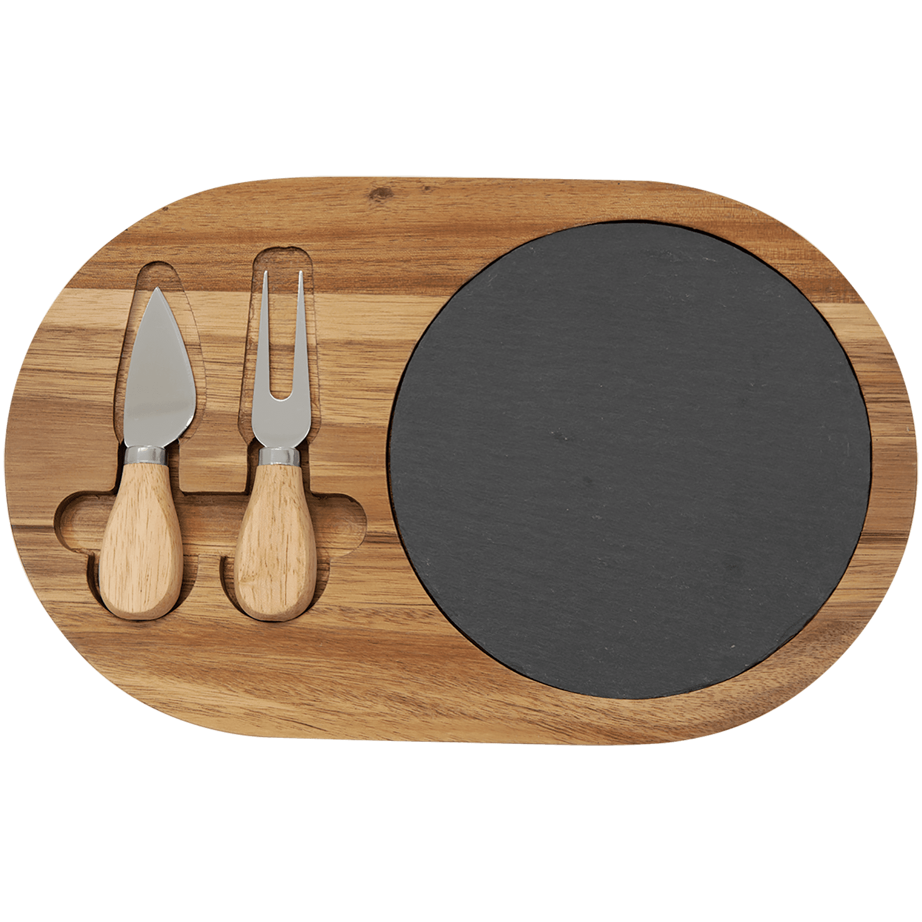 Wooden cheese board with black slate surface and two wooden utensils on a transparent background