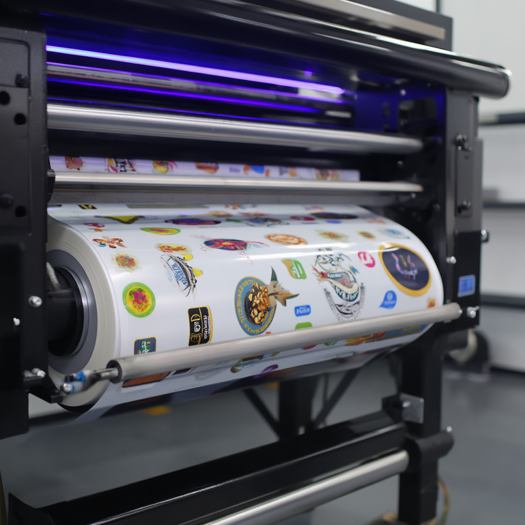 Roll of stickers on a printing machine with colorful designs.