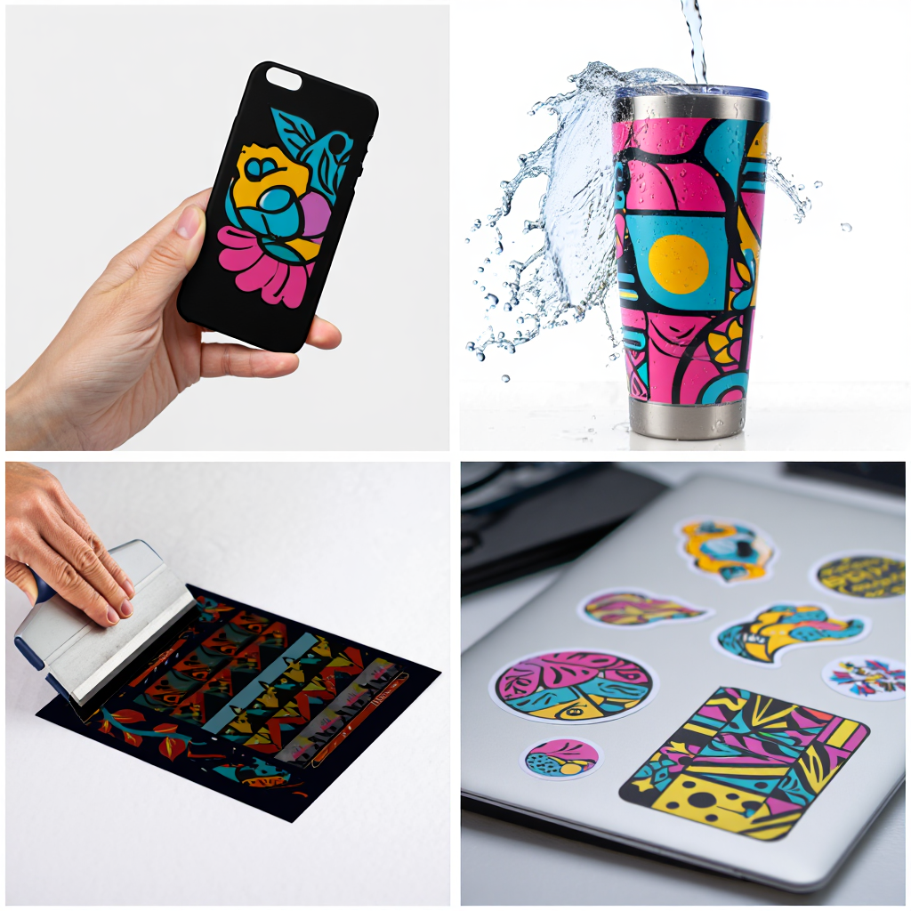Collage of colorful phone case, tumbler, stickers, and paper with abstract designs.