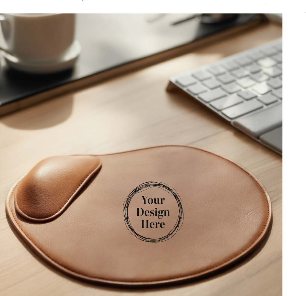 Brown leather wrist rest with customizable design area on a desk with a keyboard and mug.