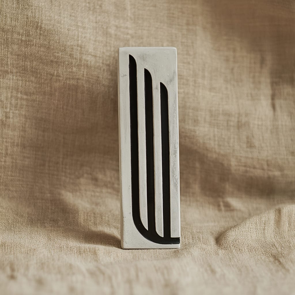 Decorative object with three vertical lines on a textured beige background
