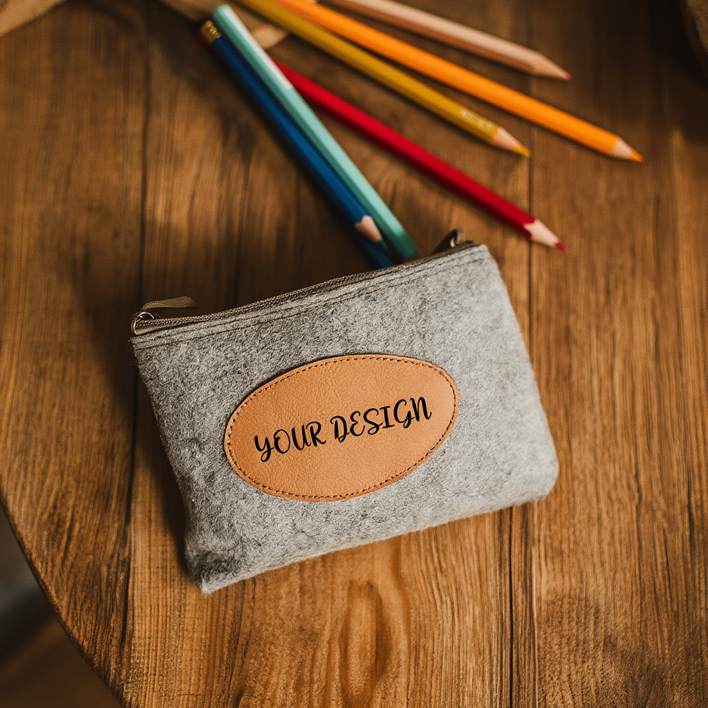 Gray pouch with brown leather patch on a wooden surface with colored pencils.