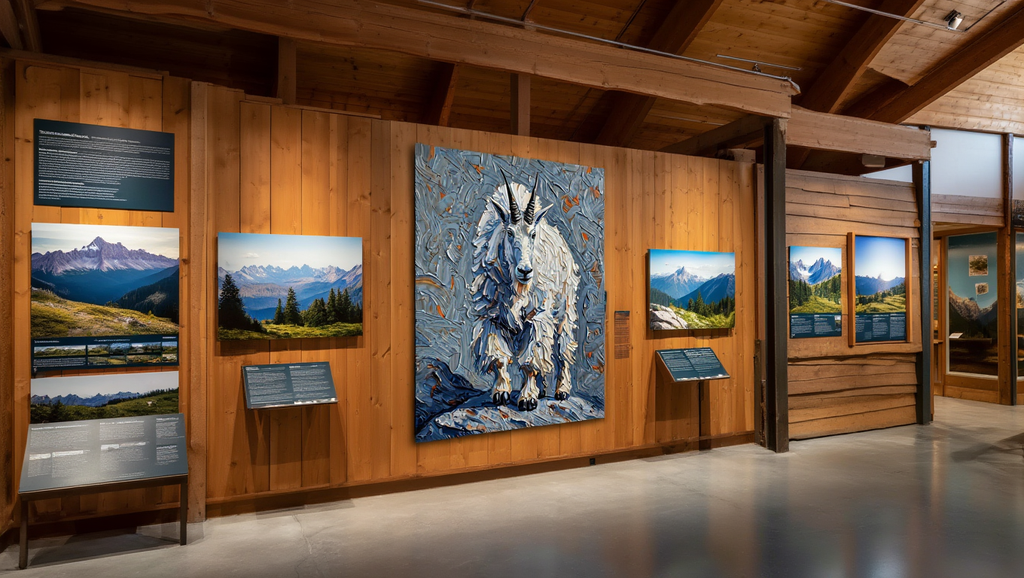 Exhibition space with mountain-themed artwork and informational panels on a wooden wall.