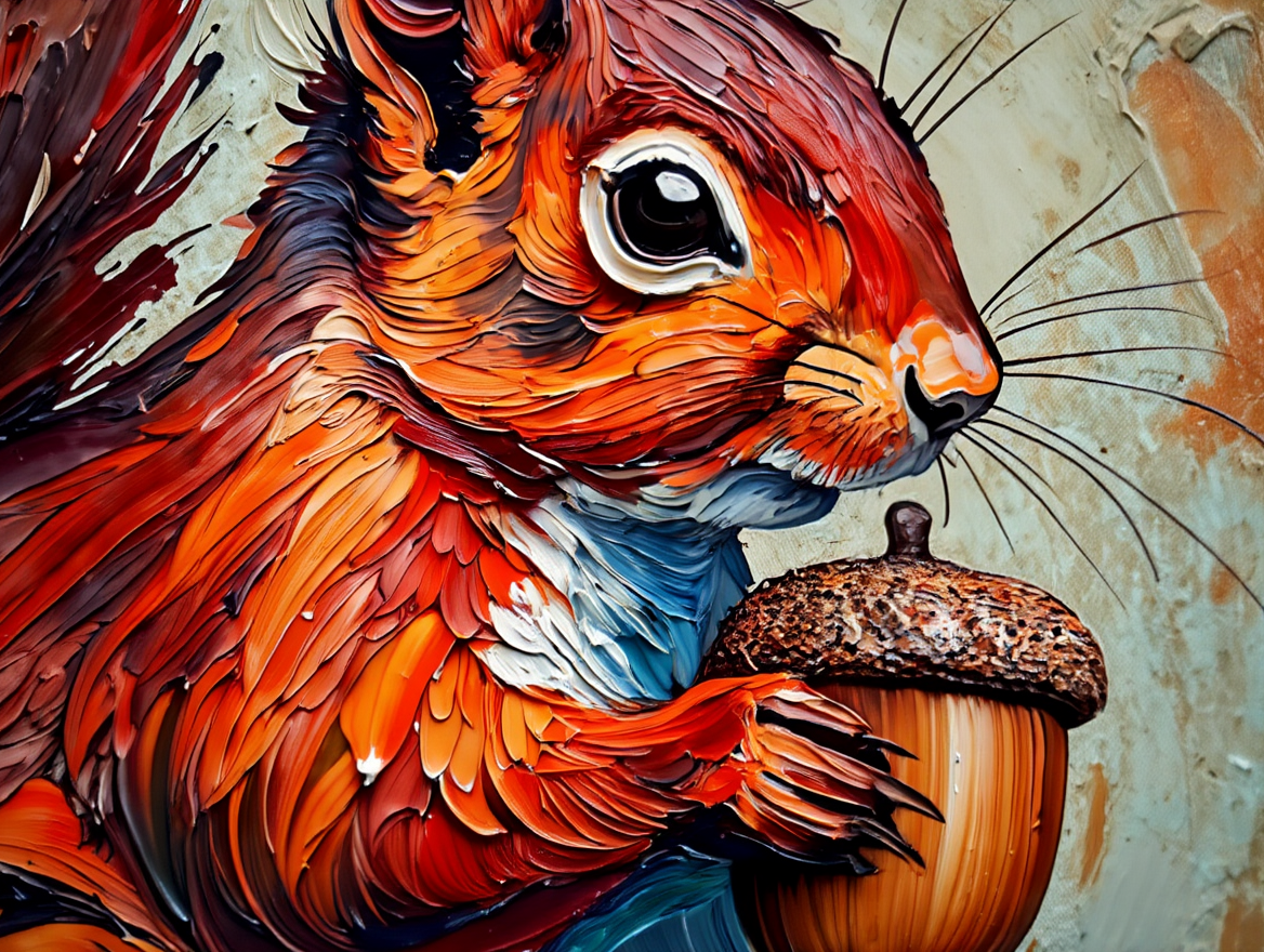 Colorful illustration of a squirrel holding an acorn against a textured background