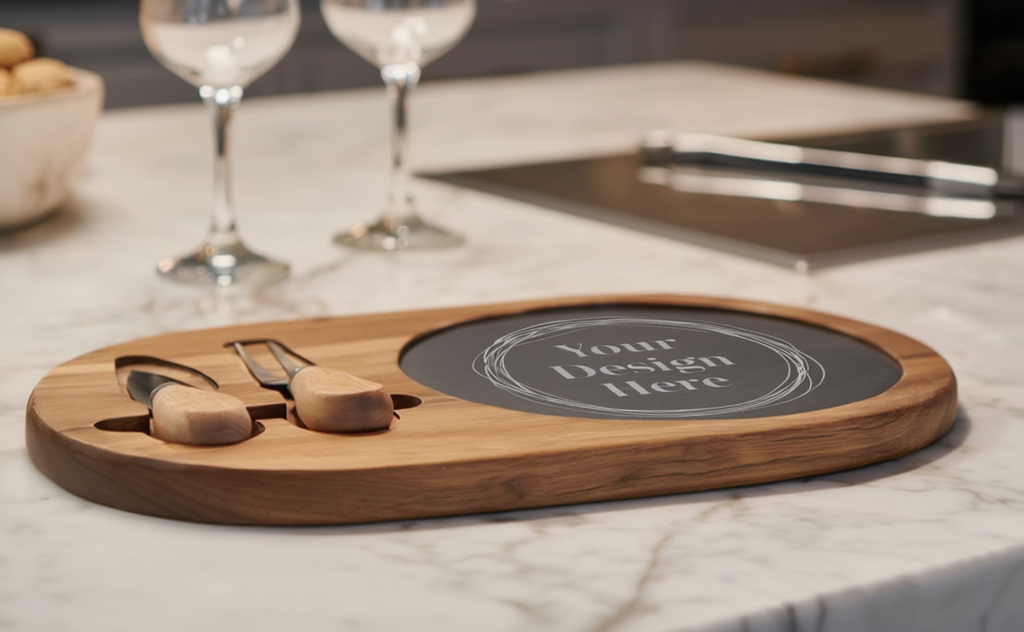 Wooden cutting board with slate surface on a marble countertop