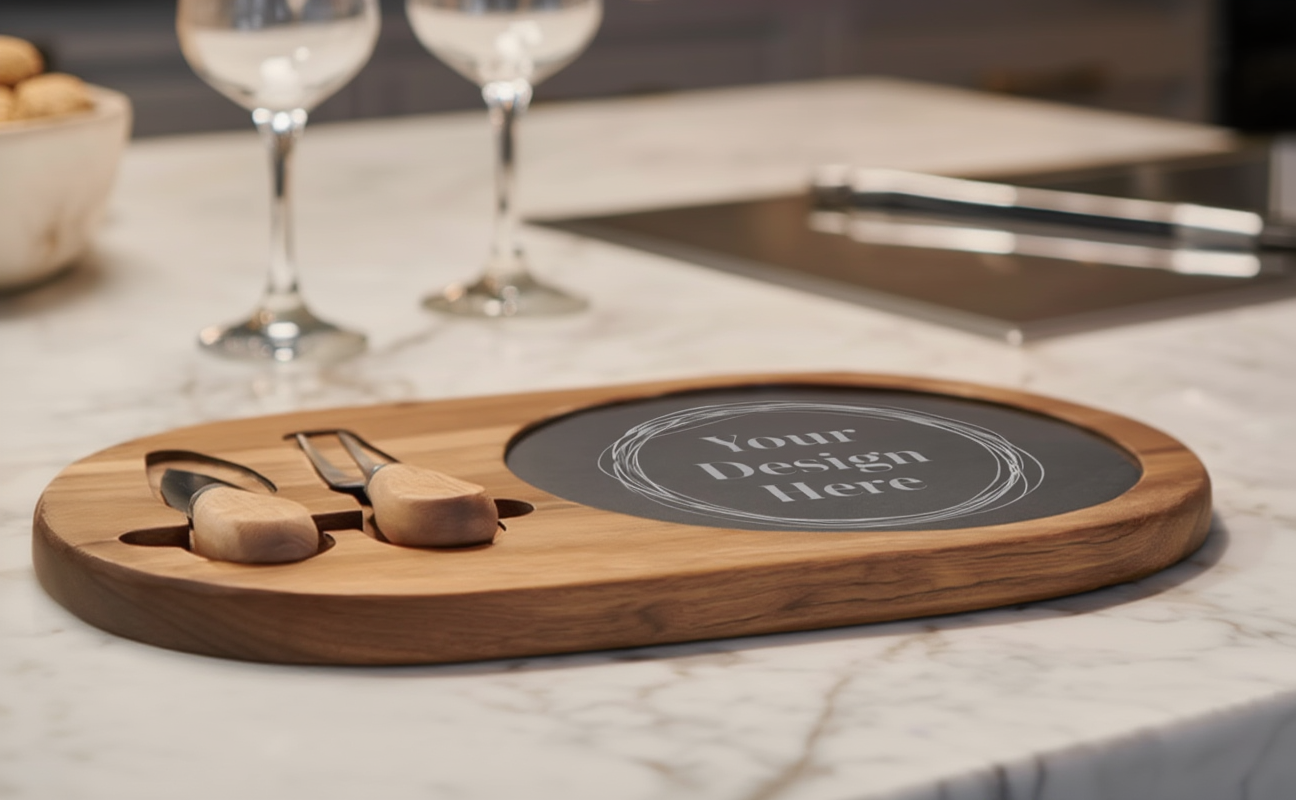 Wooden cutting board with slate surface on a marble countertop