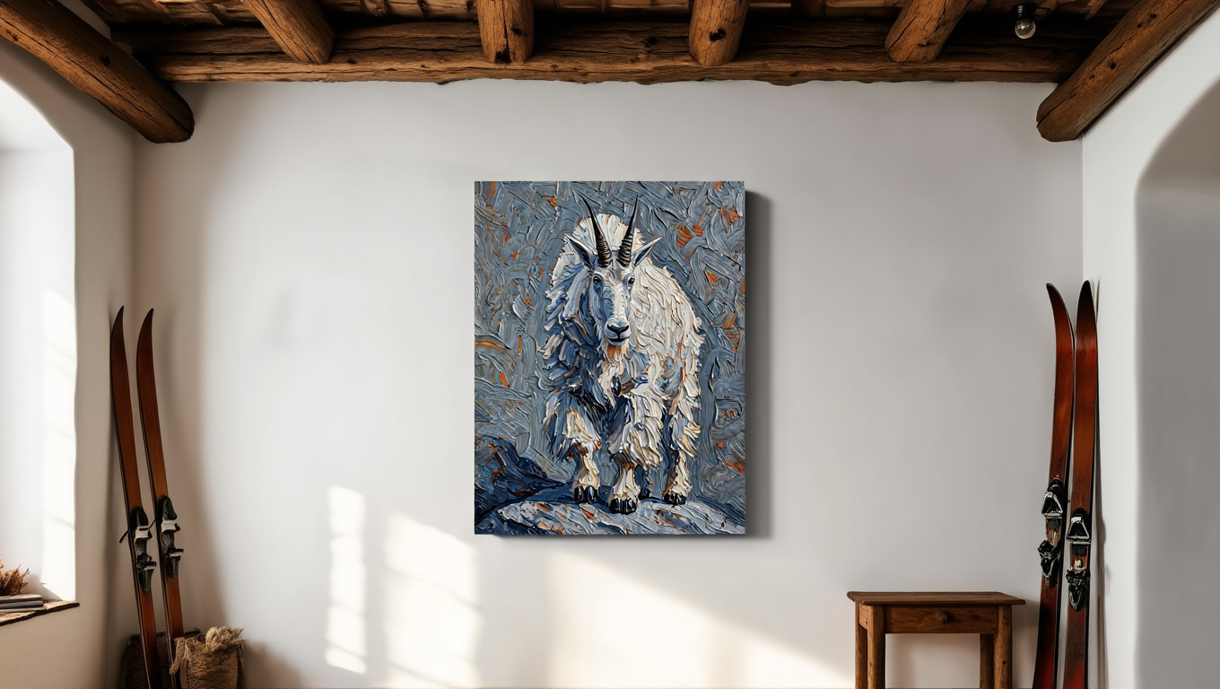 Painting of a mountain goat on a wall in a room with skis and a wooden bench.
