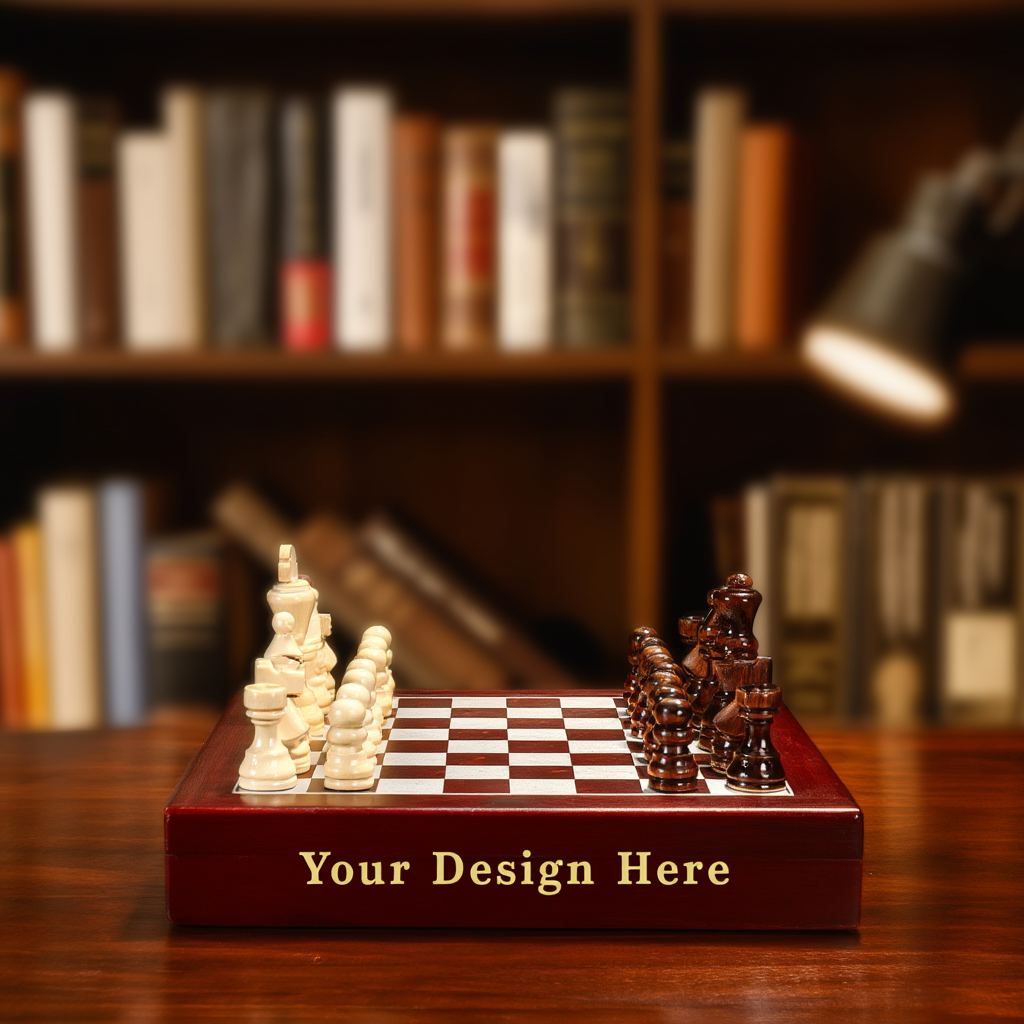 Wooden chessboard with chess pieces on a wooden table in front of a bookshelf.
