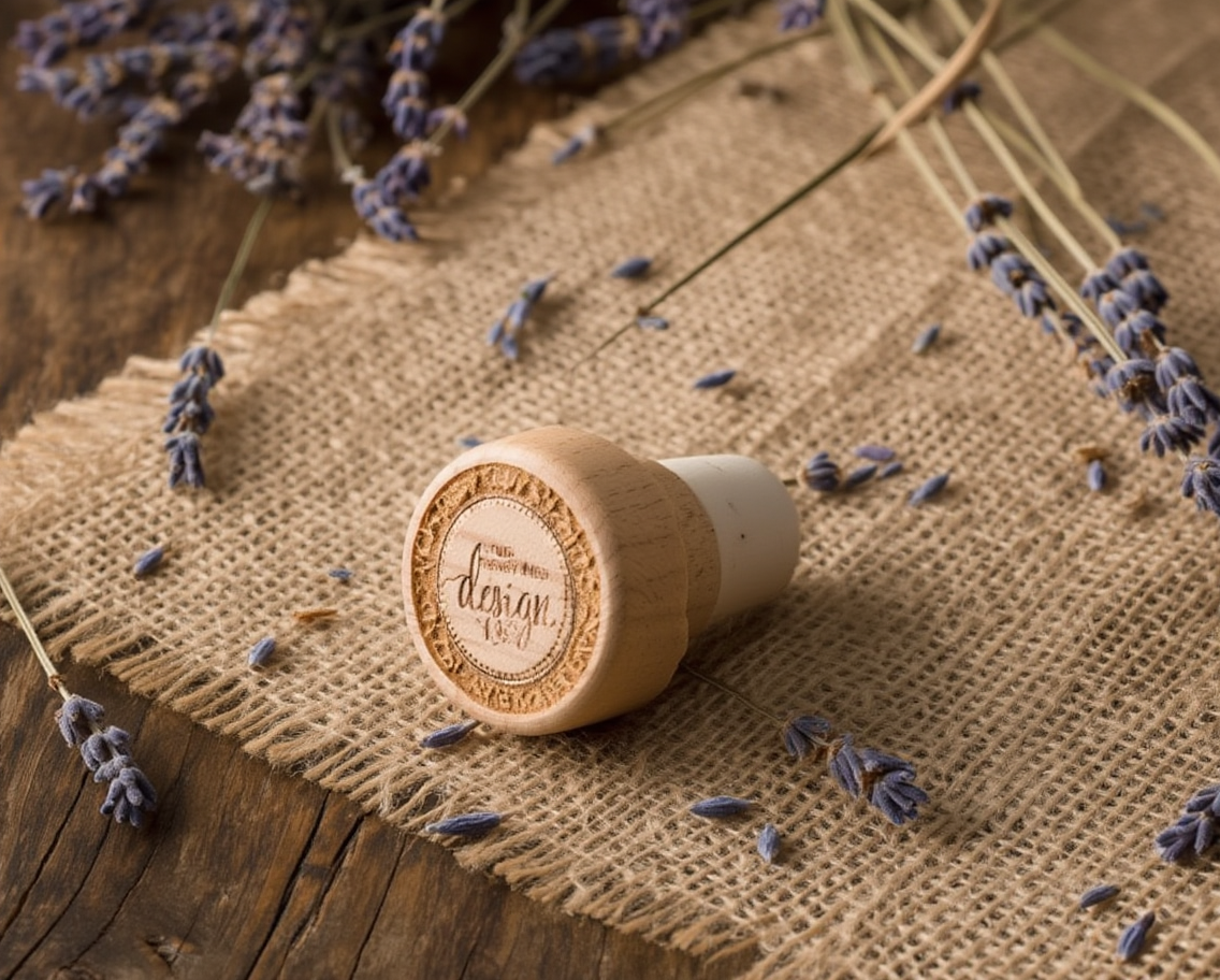 Wooden cork with embossed design on a rustic wooden surface with lavender flowers.