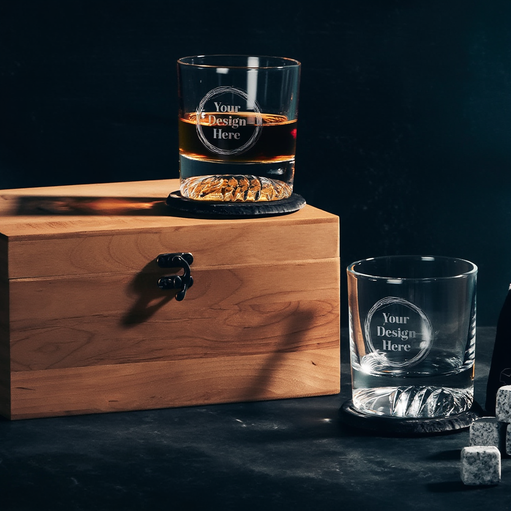 Two glasses with engraved text on a wooden box against a dark background