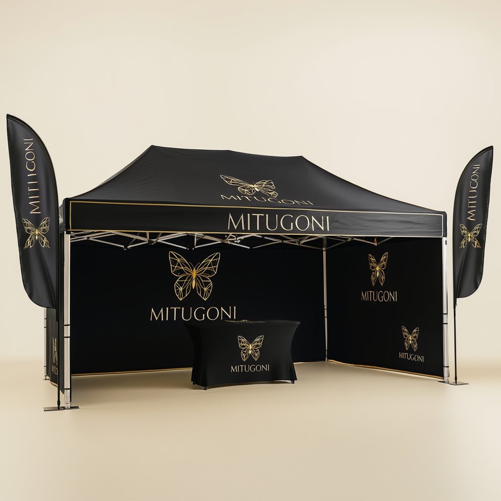 Custom branded black event tent with gold logo, including matching feather flags and table cover for trade shows and exhibitions.