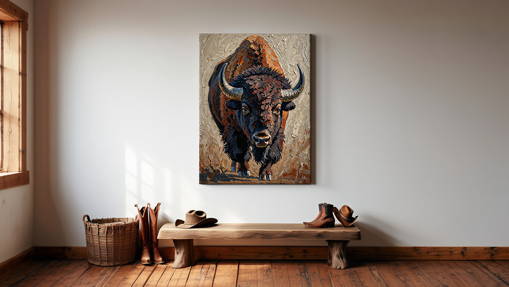 Room interior with a painting of a bison on the wall, wooden bench, and rustic decor.