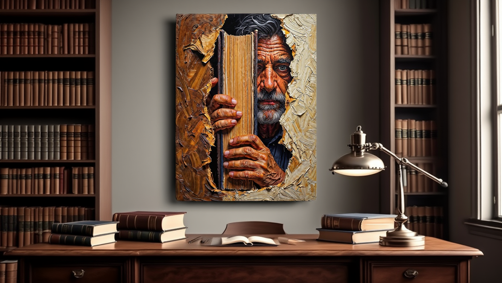 Artistic depiction of a man holding a book in a library setting with books and a lamp.