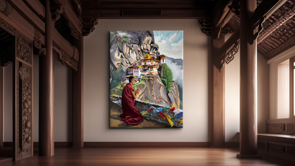 Premium Giclée Art Print (Paper or Canvas) - Bhutanese Monk at Tiger's Nest Monastery