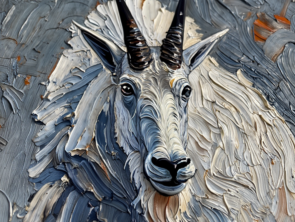Close-up of a goat's face with textured gray and white background