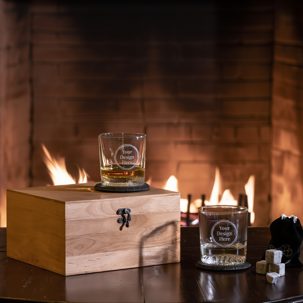 Two glasses of whiskey on a wooden box with a fireplace in the background